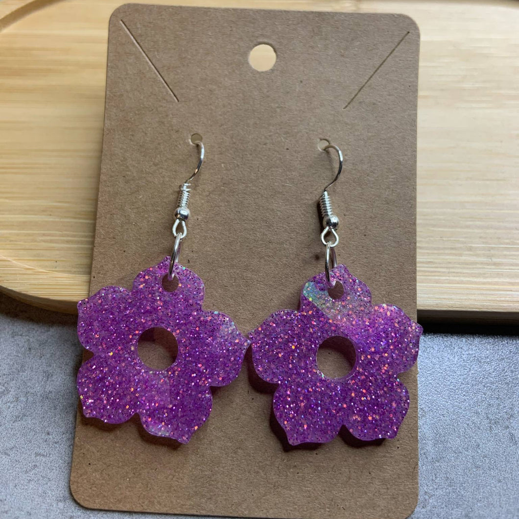 Purple Glitter Flower Earrings